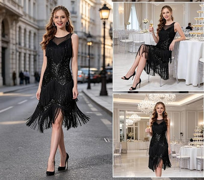 Women's Salsa Latin Dance Dress Glitter Sequin Fringe Flapper Party Ballroom Outfit