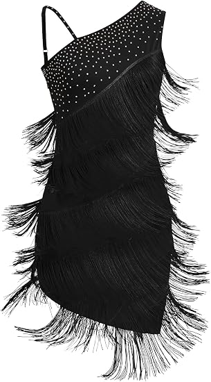 Women One Shoulder Fringe Latin Dance Dress Rhinestone Jazz Salsa Tassel Rave Costume Flapper Ballroom Dance Outfits
