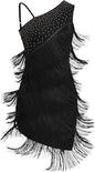 Women One Shoulder Fringe Latin Dance Dress Rhinestone Jazz Salsa Tassel Rave Costume Flapper Ballroom Dance Outfits