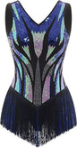 Latin Dance Dress for Women Tassel Fringe Sparkly Sequin V-Neck Backless Leotard Bodysuit XS-XL