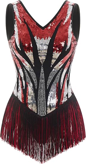 Latin Dance Dress for Women Tassel Fringe Sparkly Sequin V-Neck Backless Leotard Bodysuit XS-XL