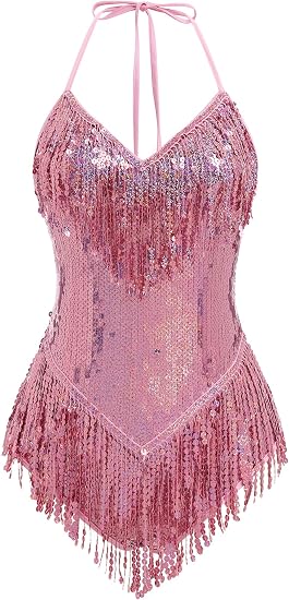 Women Sequin Fringe Bodysuit Sparkly Tassel Leotard Romper Latin Dance Dress Sexy Festival Rave Party Outfits