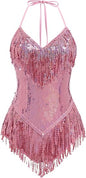 Women Sequin Fringe Bodysuit Sparkly Tassel Leotard Romper Latin Dance Dress Sexy Festival Rave Party Outfits