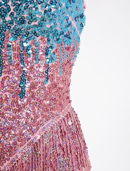 Women Latin Dance Dress, Gradient Sequin Fringe Bodysuit | Self-tied Spaghetti Straps, Sparkly Backless Dance Leotard Dancewear, for Ballroom Costume, Jazz, Rave Concert, Performance