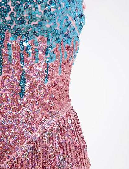 Women Latin Dance Dress, Gradient Sequin Fringe Bodysuit | Self-tied Spaghetti Straps, Sparkly Backless Dance Leotard Dancewear, for Ballroom Costume, Jazz, Rave Concert, Performance