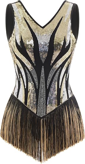 Latin Dance Dress for Women Tassel Fringe Sparkly Sequin V-Neck Backless Leotard Bodysuit XS-XL