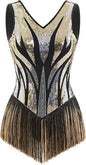 Latin Dance Dress for Women Tassel Fringe Sparkly Sequin V-Neck Backless Leotard Bodysuit XS-XL