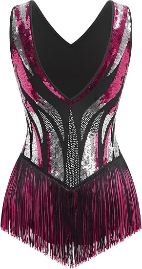 Women Sexy Fringe Bodysuit Open Back Sparkly Sequins Tassel Latin Jazz Dance Outfits Trapeze Acrobat Circus Costume