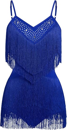 ODIZLI Women's Fringe Rhinestone Latin Dance Dress Leotard- Adjustable Spaghetti Straps V Neck Tie Back Salsa Ballroom Dance