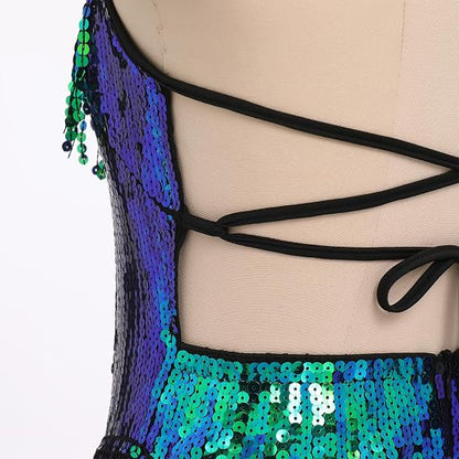 Sexy Sequins Fringe Bodysuit Halter Lace Up Back Jazz Latin Dance Tassel Leotard Acrobat Costume Rave Concert Outfits