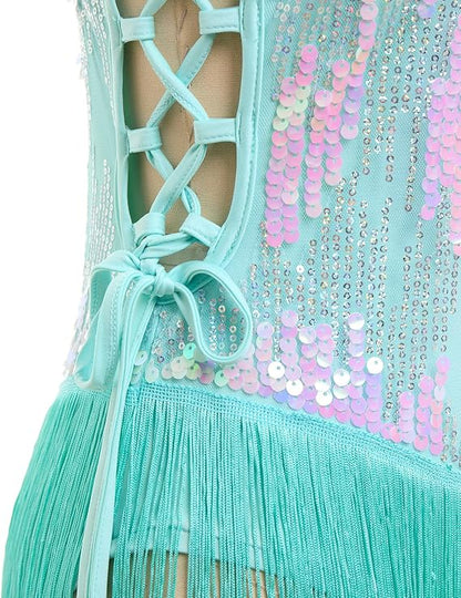 Sequin Fringe Bodysuit for Women Sparkly Hollow Out Tassel Romper Leotard Rave Latin Jazz Dance Costume