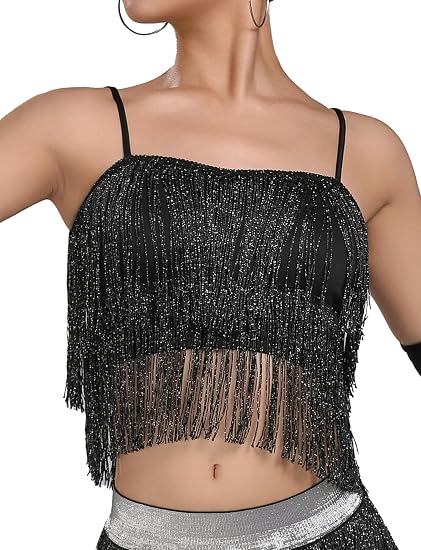 Women's Latin Dance Costume Sequin Fringe Tube Top Belly Dance Performance Outfit with Tassels for Party Club Wear