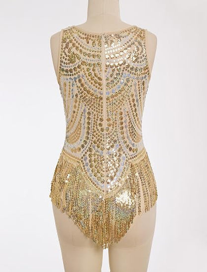 Women Sequin Fringe Bodysuit Latin Jazz Dance Leotard