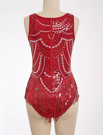 Women Sequin Fringe Bodysuit Latin Jazz Dance Leotard
