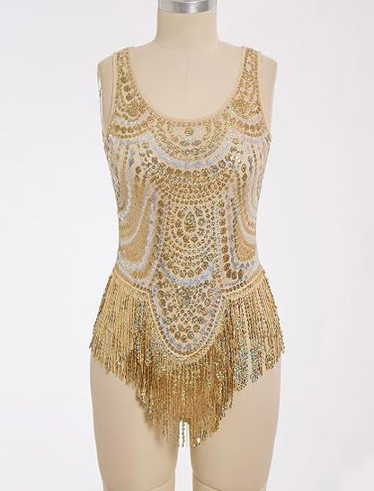 Women Sexy Sequin Fringe Bodysuit Sparkly Tassel Latin Jazz Dance Leotard Glitter Romper Trapeze Acrobat Costume Rave Outfits