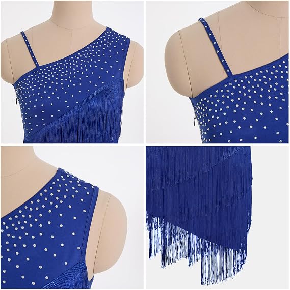 Asymmetric One Shoulder Latin Dance Dress for Women Rhinestones Fringe Dress 1920s Tassel Flapper Ballroom Dancewear