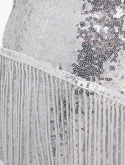 Shiny Sequin Fringe Bodysuit for Women Spliced Mesh Jumpsuit Sparkly Rhinestone Tassel Romper Dress