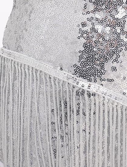 Shiny Sequin Fringe Bodysuit for Women Spliced Mesh Jumpsuit Sparkly Rhinestone Tassel Romper Dress