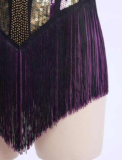 Women Sexy Fringe Bodysuit Open Back Sparkly Sequins Tassel Latin Jazz Dance Outfits Trapeze Acrobat Circus Costume