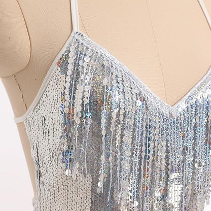 Women Sequin Fringe Bodysuit Sparkly Tassel Leotard Romper Latin Dance Dress Sexy Festival Rave Party Outfits