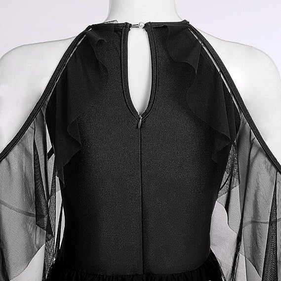 Women Lyrical Dance Costume Shiny Criss Cross Spaghetti Strap Full Circle Mesh Tulle Long Dress with Brooch Pin