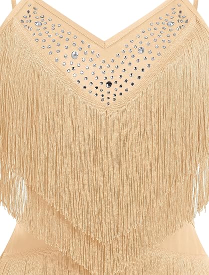 ODIZLI Women's Fringe Rhinestone Latin Dance Dress Leotard- Adjustable Spaghetti Straps V Neck Tie Back Salsa Ballroom Dance