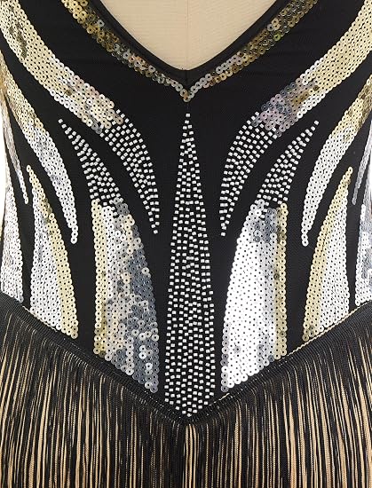 Latin Dance Dress for Women Tassel Fringe Sparkly Sequin V-Neck Backless Leotard Bodysuit XS-XL