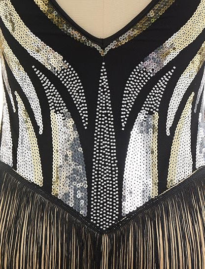 Latin Dance Dress for Women Tassel Fringe Sparkly Sequin V-Neck Backless Leotard Bodysuit XS-XL