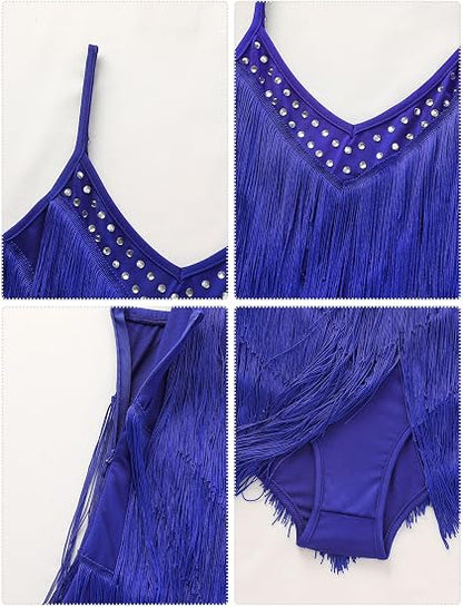 Women Sparkly Rhinestone Fringe Latin Dance Bodysuit Open Back Rave Tassel Jazz Salsa Ballroom Dance Costume