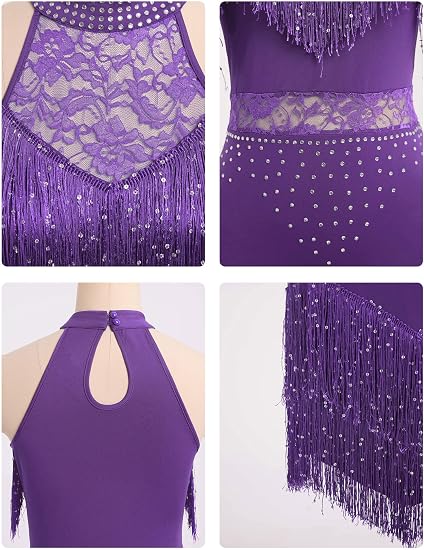 Sparkle Rhinestones Latin Dance Dress for Women Halter Tassel Sequin Fringe Flapper Dress 1920s Lace Ballroom Dance Costume