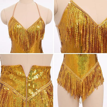 Sexy Sequins Fringe Bodysuit Halter Lace Up Back Jazz Latin Dance Tassel Leotard Acrobat Costume Rave Concert Outfits