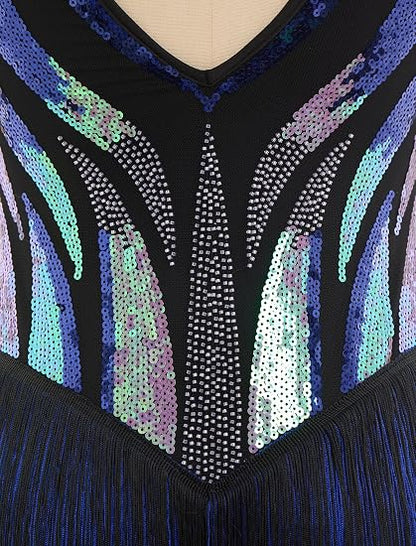 Latin Dance Dress for Women Tassel Fringe Sparkly Sequin V-Neck Backless Leotard Bodysuit XS-XL