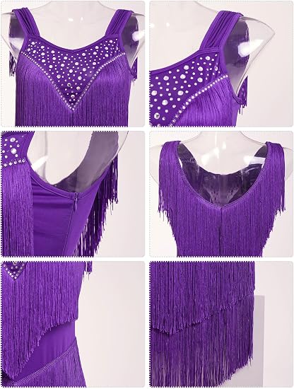 Women's Latin Dance Dress - Sparkly Rhinestones Fringe Salsa Ballroom Dance Outfit Stage Performance Costume