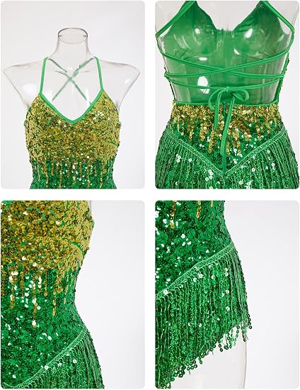 Women Latin Dance Dress, Gradient Sequin Fringe Bodysuit | Self-tied Spaghetti Straps, Sparkly Backless Dance Leotard Dancewear, for Ballroom Costume, Jazz, Rave Concert, Performance