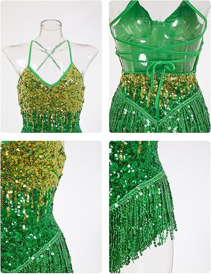 Women Latin Dance Dress, Gradient Sequin Fringe Bodysuit | Self-tied Spaghetti Straps, Sparkly Backless Dance Leotard Dancewear, for Ballroom Costume, Jazz, Rave Concert, Performance