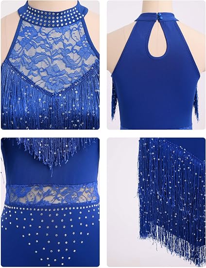 Sparkle Rhinestones Latin Dance Dress for Women Halter Tassel Sequin Fringe Flapper Dress 1920s Lace Ballroom Dance Costume
