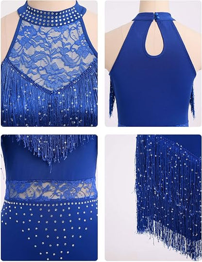 Sparkle Rhinestones Latin Dance Dress for Women Halter Tassel Sequin Fringe Flapper Dress 1920s Lace Ballroom Dance Costume