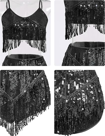 Womens Rave Outfit Sequin Fringe 2 Piece Set Sparkly Tassel Crop Top and Shorts for Halloween Festival Dance Party