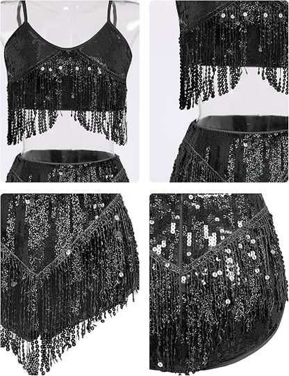 Womens Rave Outfit Sequin Fringe 2 Piece Set Sparkly Tassel Crop Top and Shorts for Halloween Festival Dance Party