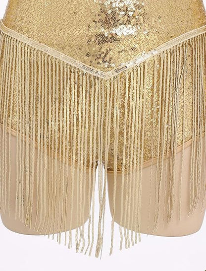 Shiny Sequin Fringe Bodysuit for Women Spliced Mesh Jumpsuit Sparkly Rhinestone Tassel Romper Latin Jazz Dance Costume