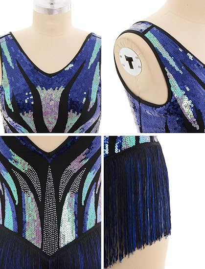 Latin Dance Dress for Women Tassel Fringe Sparkly Sequin V-Neck Backless Leotard Bodysuit XS-XL