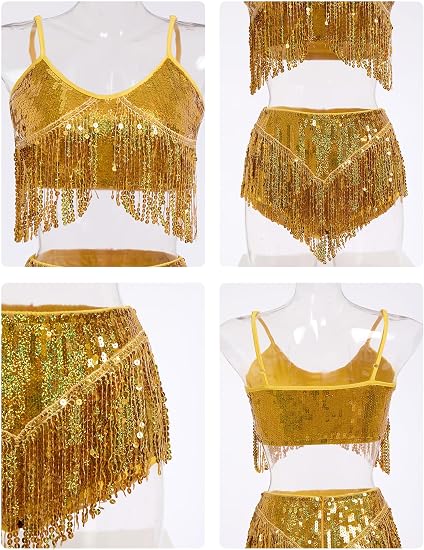 Womens Rave Outfit Sequin Fringe 2 Piece Set Sparkly Tassel Crop Top and Shorts for Halloween Festival Dance Party