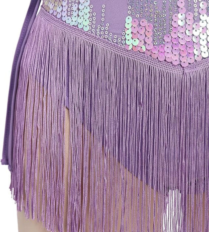 Women Sparkly Sequin Tassel Fringe Bodysuit Cami Strap Latin Dance Leotard Jumpsuit Festival Rave Outfits