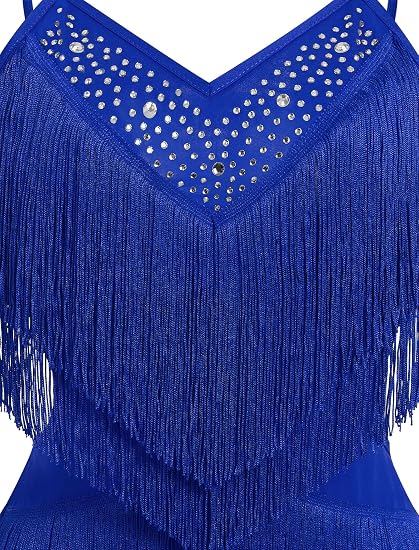 ODIZLI Women's Fringe Rhinestone Latin Dance Dress Leotard- Adjustable Spaghetti Straps V Neck Tie Back Salsa Ballroom Dance