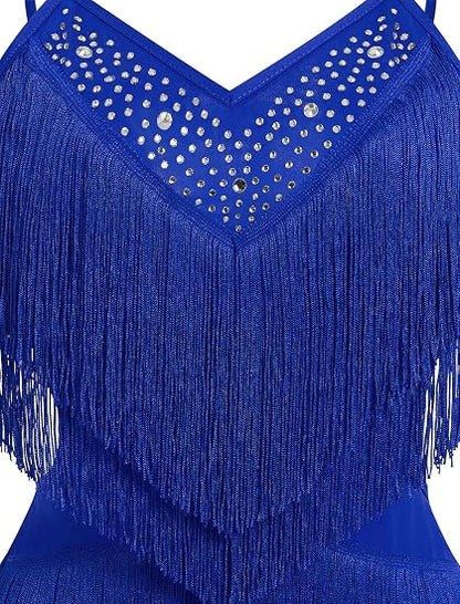 ODIZLI Women's Fringe Rhinestone Latin Dance Dress Leotard- Adjustable Spaghetti Straps V Neck Tie Back Salsa Ballroom Dance