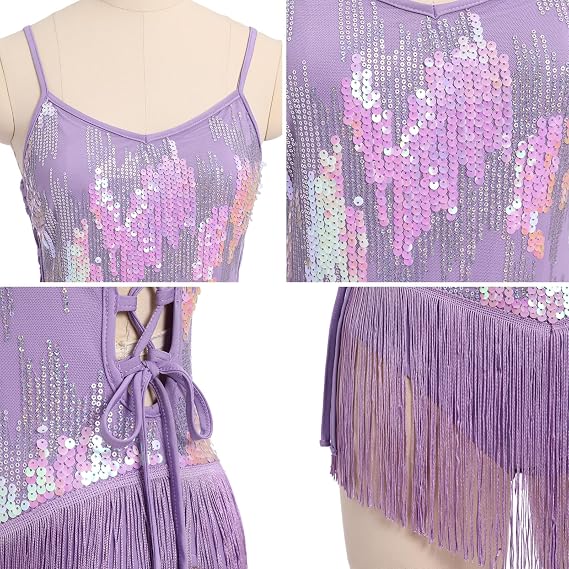 Sequin Fringe Bodysuit for Women Sparkly Hollow Out Tassel Romper Leotard Rave Latin Jazz Dance Costume