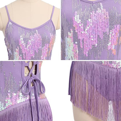 Women Sparkly Sequin Tassel Fringe Bodysuit Cami Strap Latin Dance Leotard Jumpsuit Festival Rave Outfits