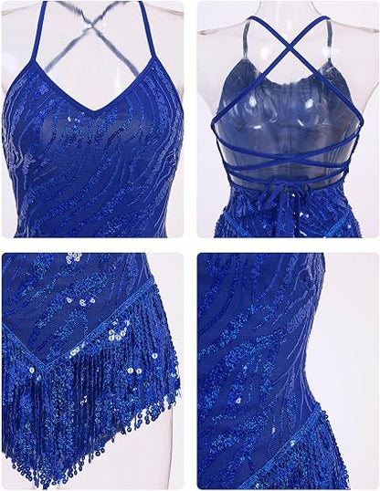 Fringe Sequin Bodysuit Women Sparkly Tassel Latin Jazz Salsa Dance Costume Acrobat Leotard