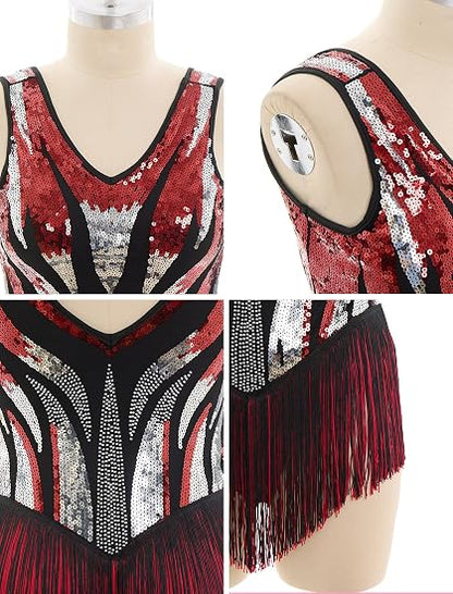 Sequin Fringe Bodysuit Latin Dance Costume Dance Outfit for Women | Glitter Mesh V-Neck Backless Dress Latin Samba Salsa Dancewear Showgirl Trapeze Acrobat Outfit for Ballroom Party Carnival
