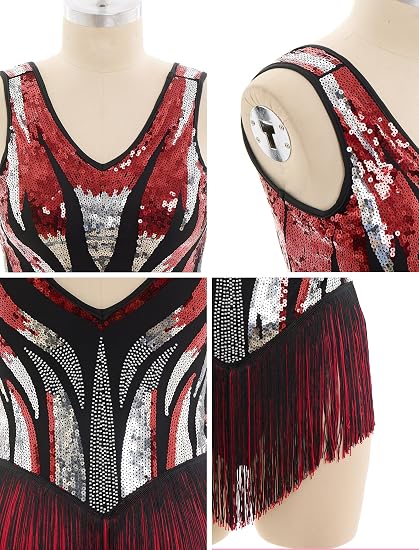Latin Dance Dress for Women Tassel Fringe Sparkly Sequin V-Neck Backless Leotard Bodysuit XS-XL